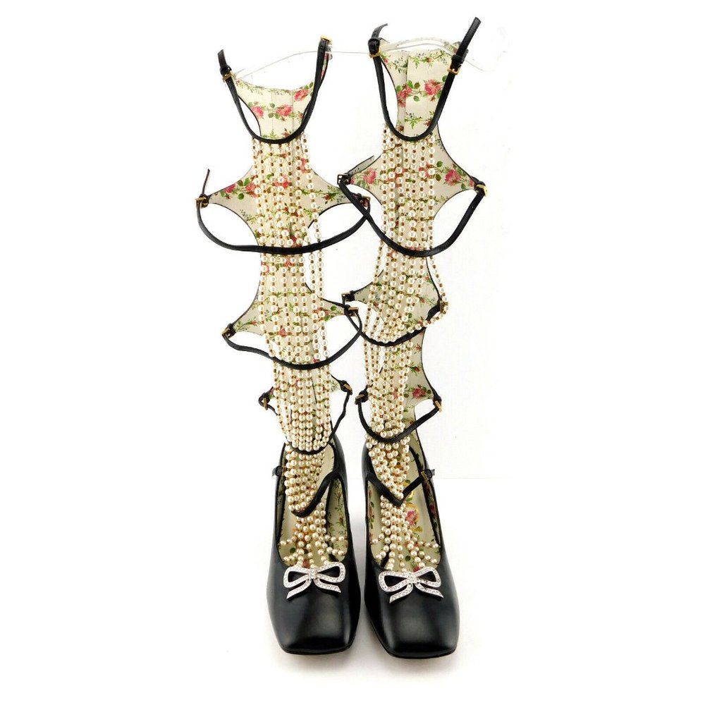 Unworn GUCCI Raining Pearl and Crystal Caged Black Leather Bootie Heels 37.5
